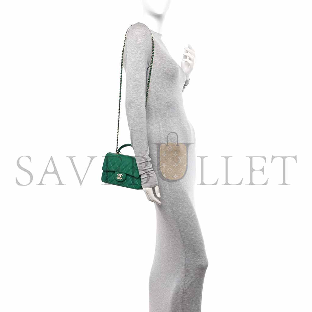 Ch*el lambskin quilted mini top handle rectangular flap green (20*13*9cm)